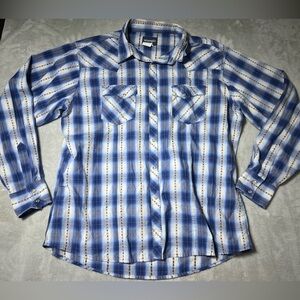 Vintage Wrangler Pearl Snap Long Sleeve Shirt Mens Size XXL 2XL White Blue